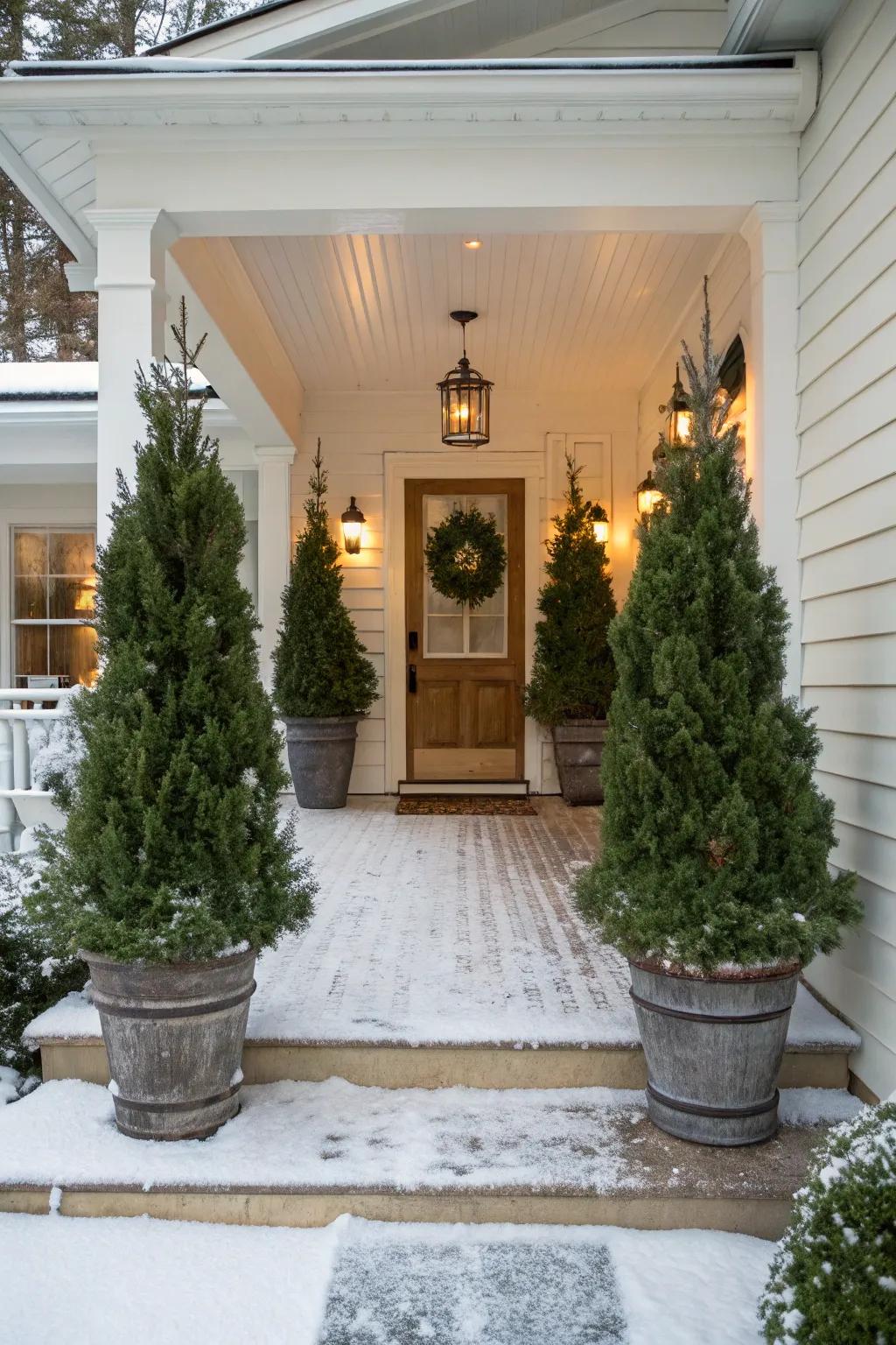 Potted greenery adds lush vibrance to this winter porch.