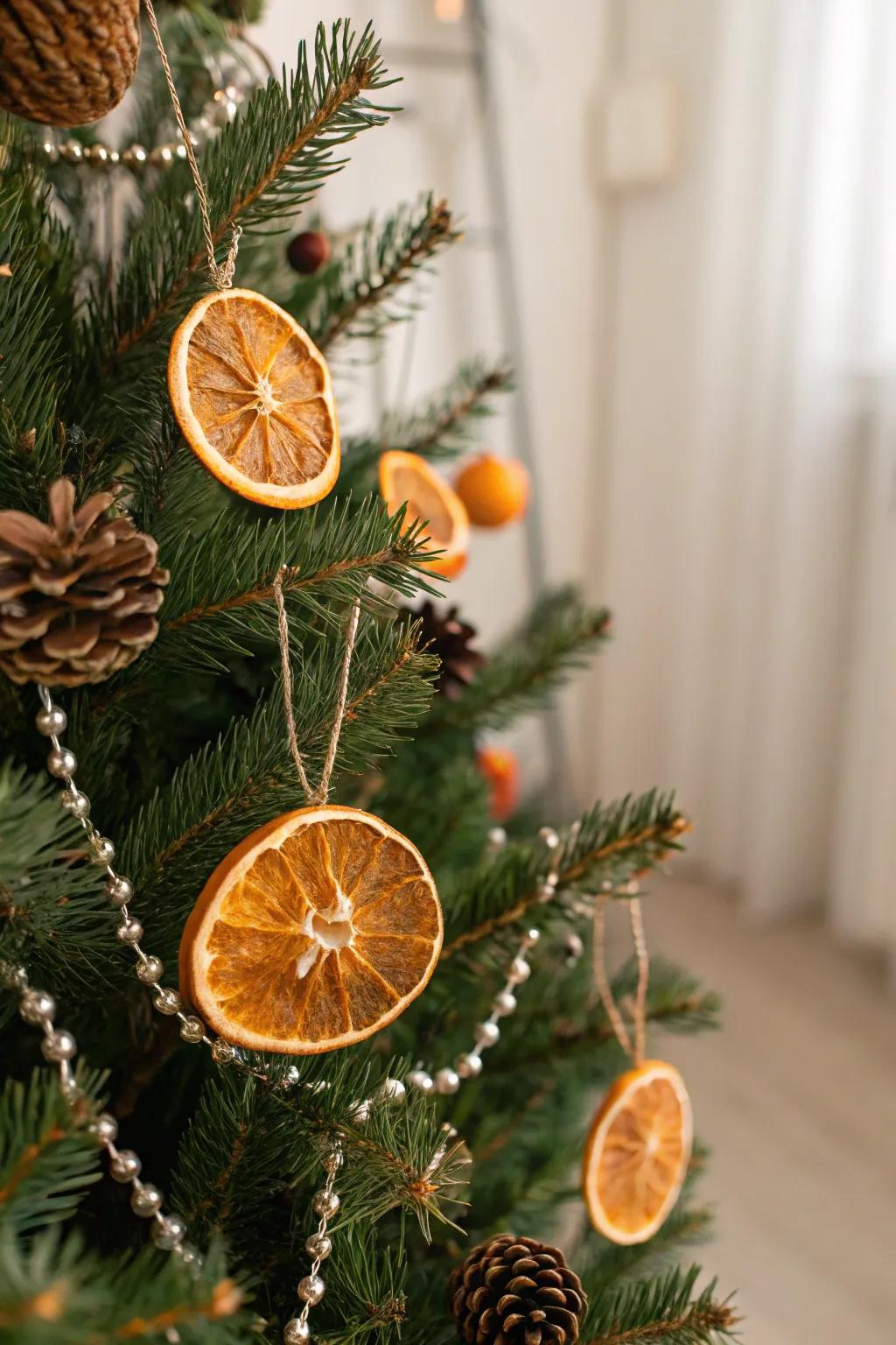 Dehydrated citrus decorations bring natural vibrancy to a holiday evergreen.