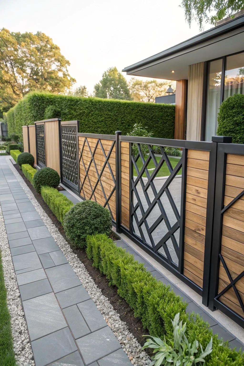 A fence displaying impressive patterns formed by timber and metal.