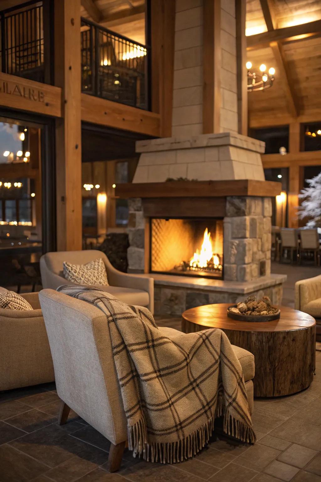 A comforting seating nook offers relaxation by the fire.