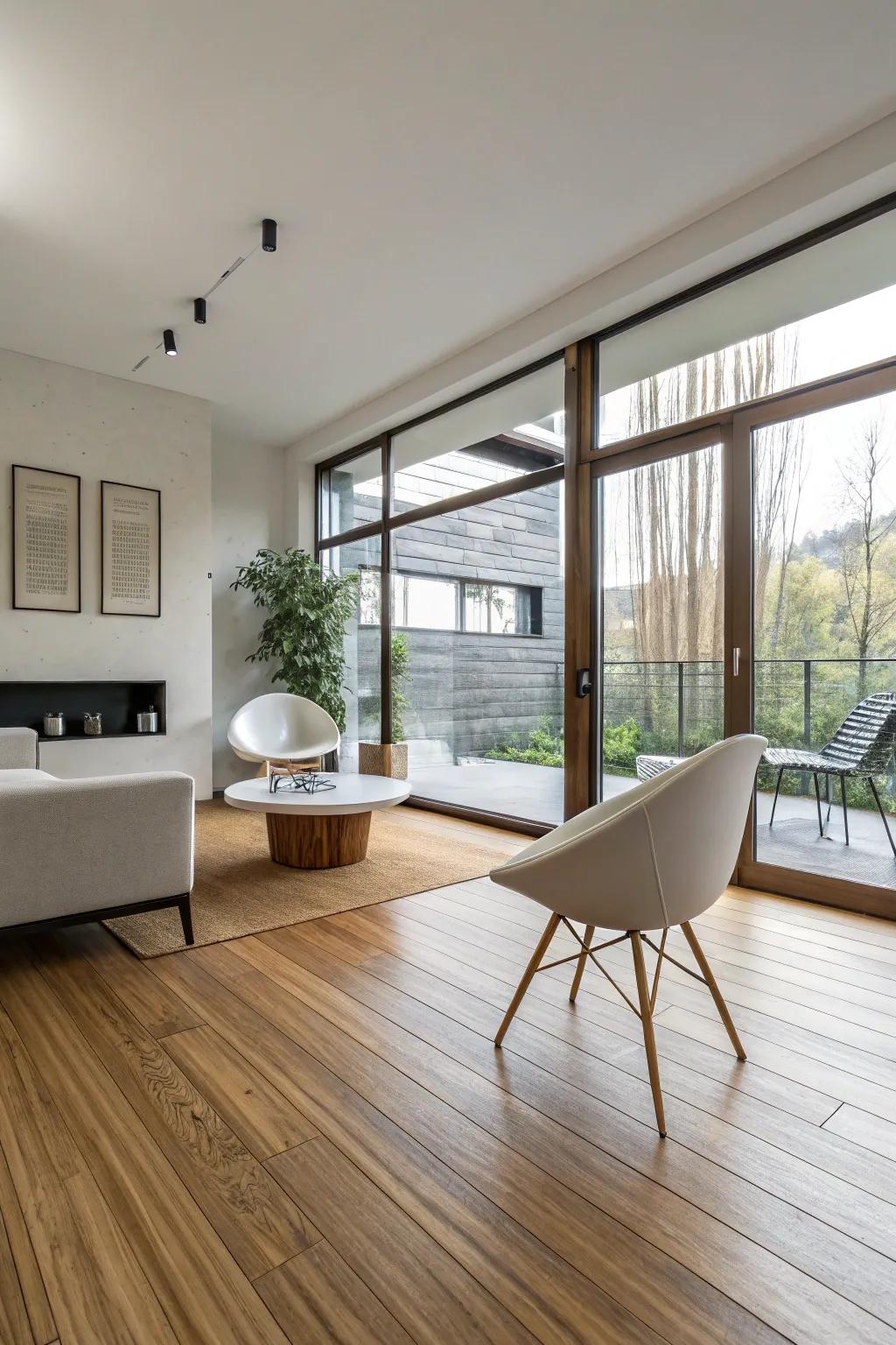 Contemporary interior displaying environmentally conscious reeded cane flooring.