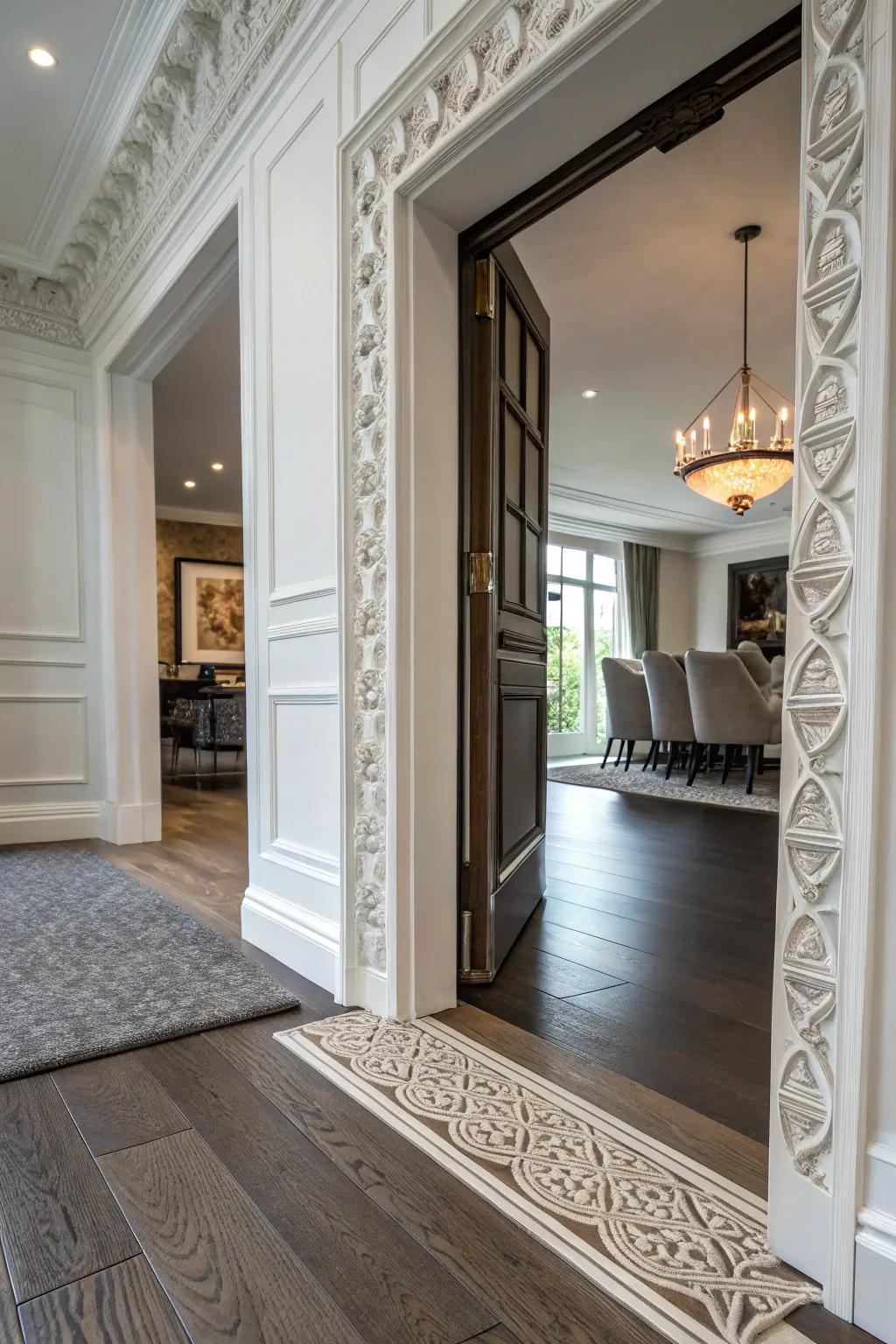 Ornamental sills fashion an elegant connection among disparate flooring selections.