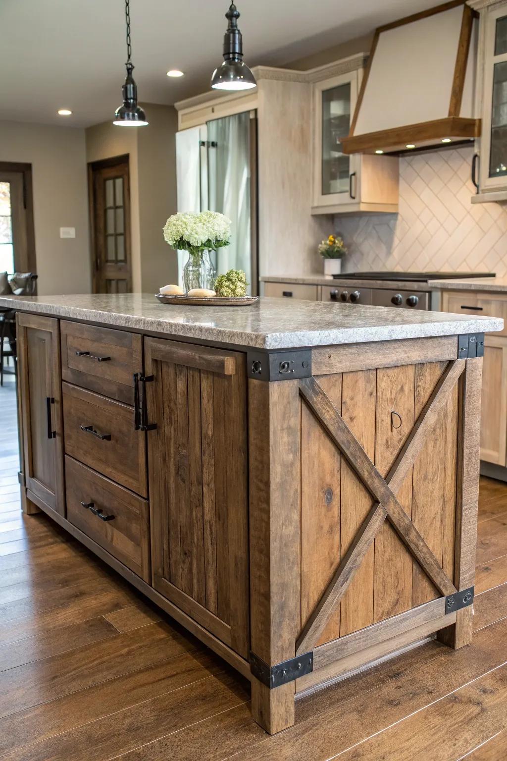 A magnificent island that combines wood, metal, and stone for a contemporary aesthetic.