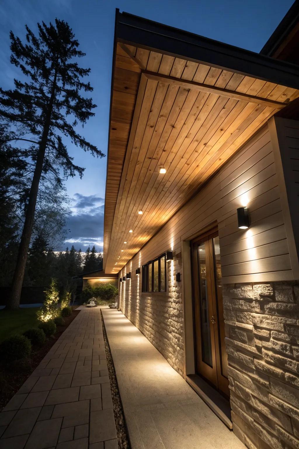 Integrated lighting within wood soffits creates a captivating nighttime visual.