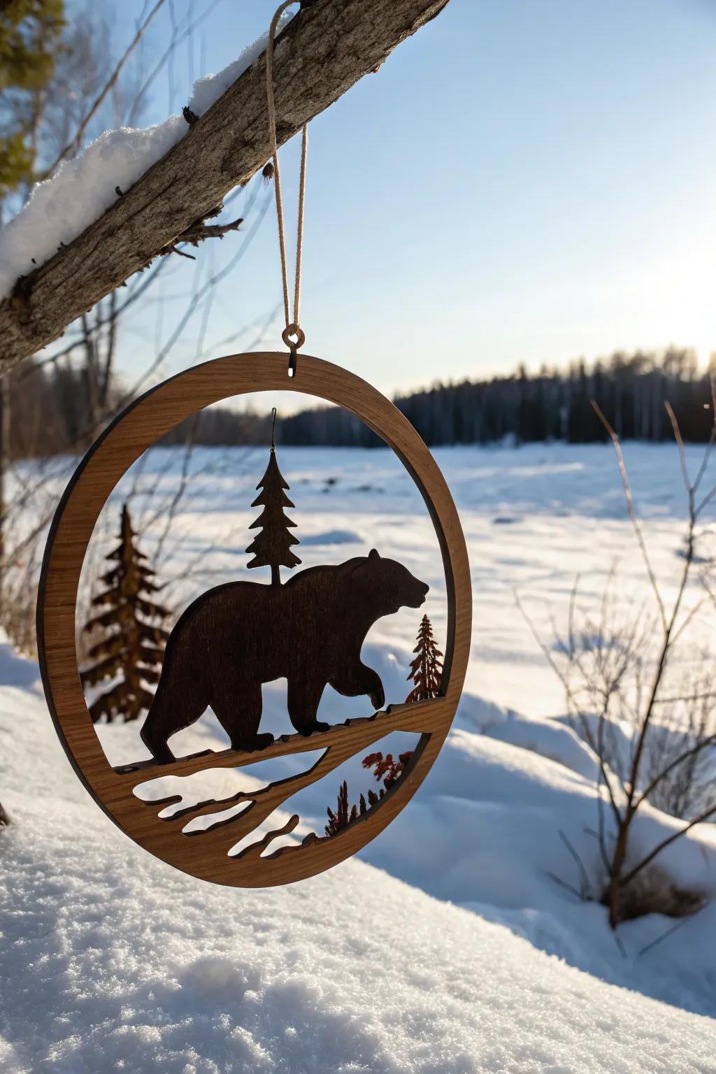 A bear form contributes a dash of playfulness to this wooden ornament.