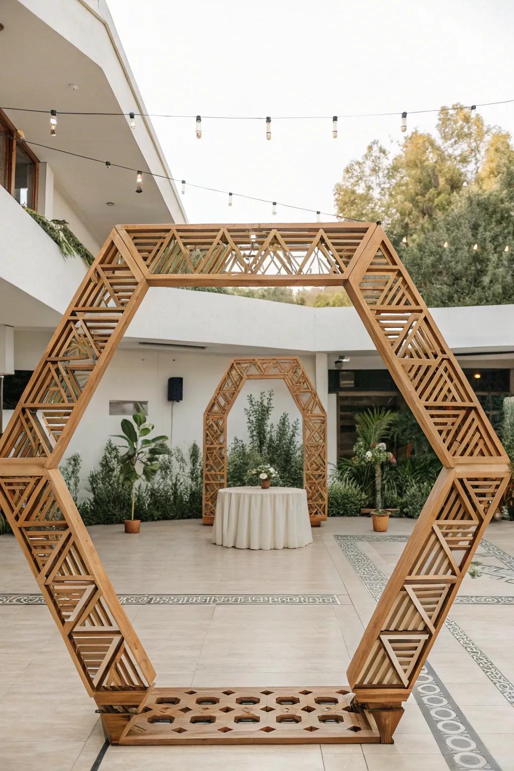 A geometric timber arch brings a modern feel to your ceremony.