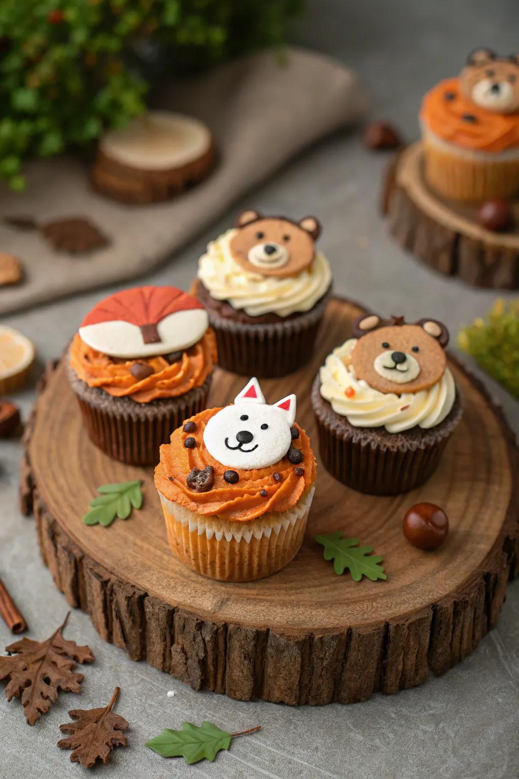 Forest-themed miniature cakes embellished with endearing animal motifs.