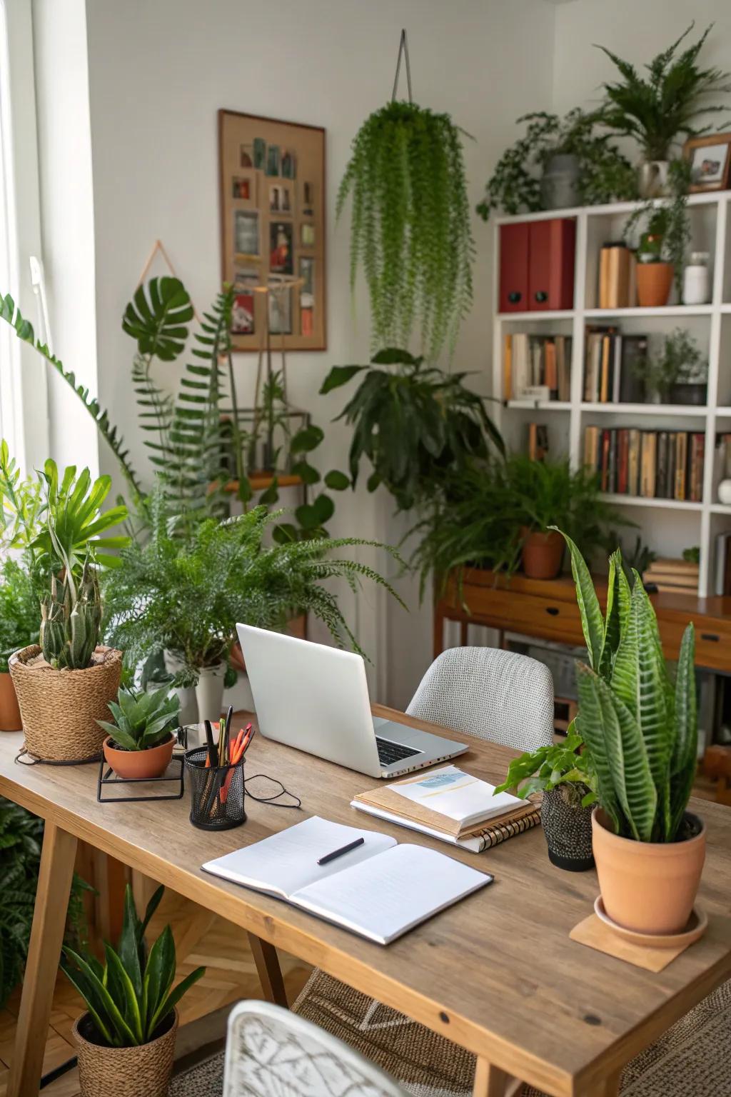 A home office is made more vibrant and energizing with greenery.