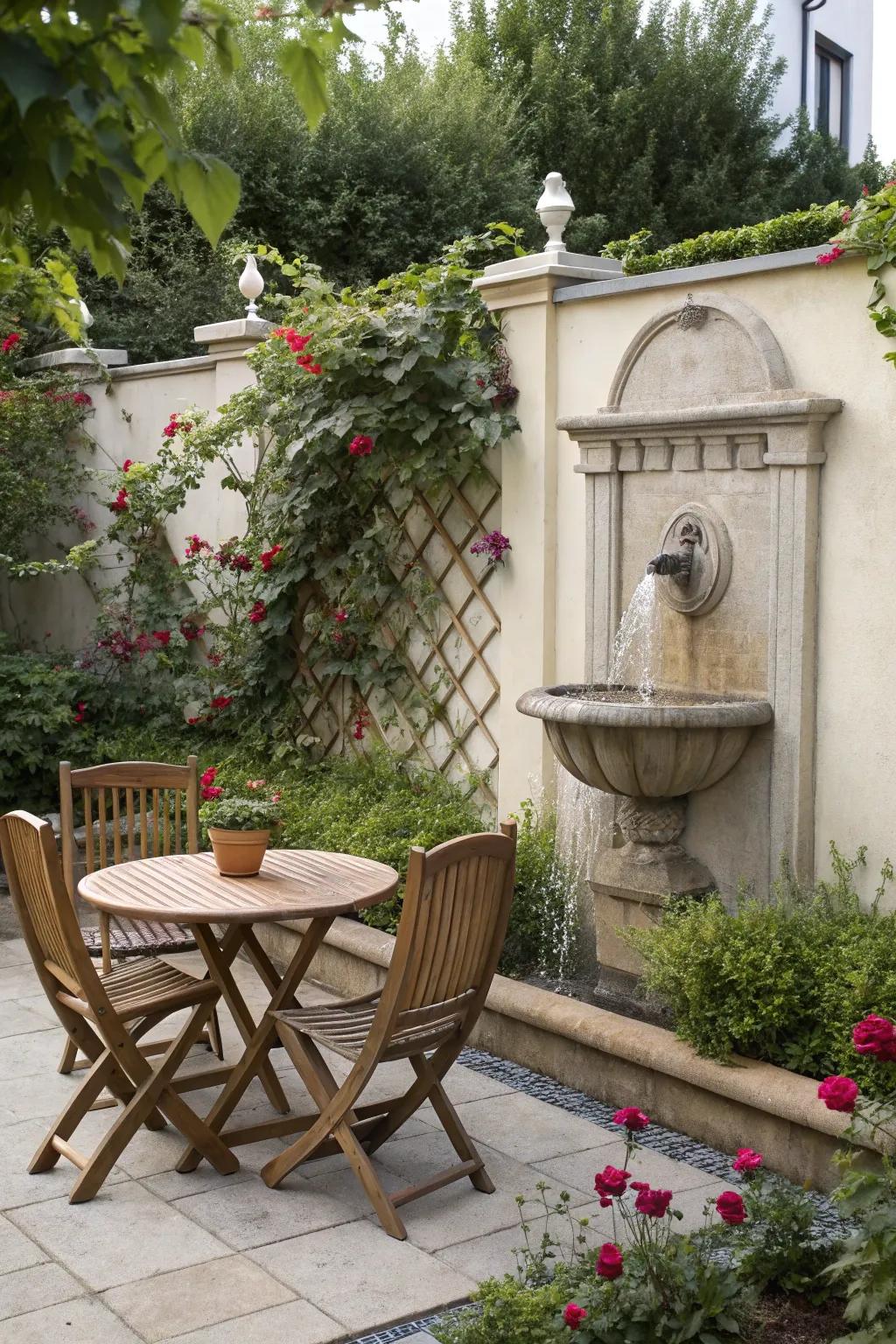 A space-saving wall-mounted spring establishing a serene corner within the garden.