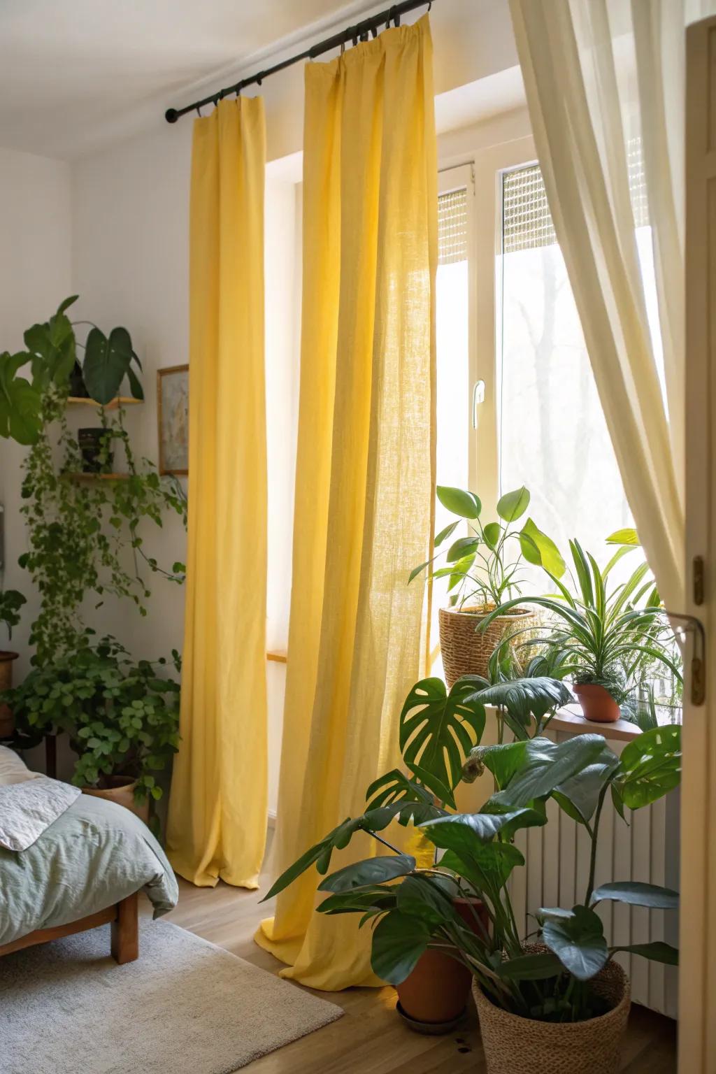 Verdant plants complement yellow window coverings, crafting a vibrant and natural bedroom atmosphere.