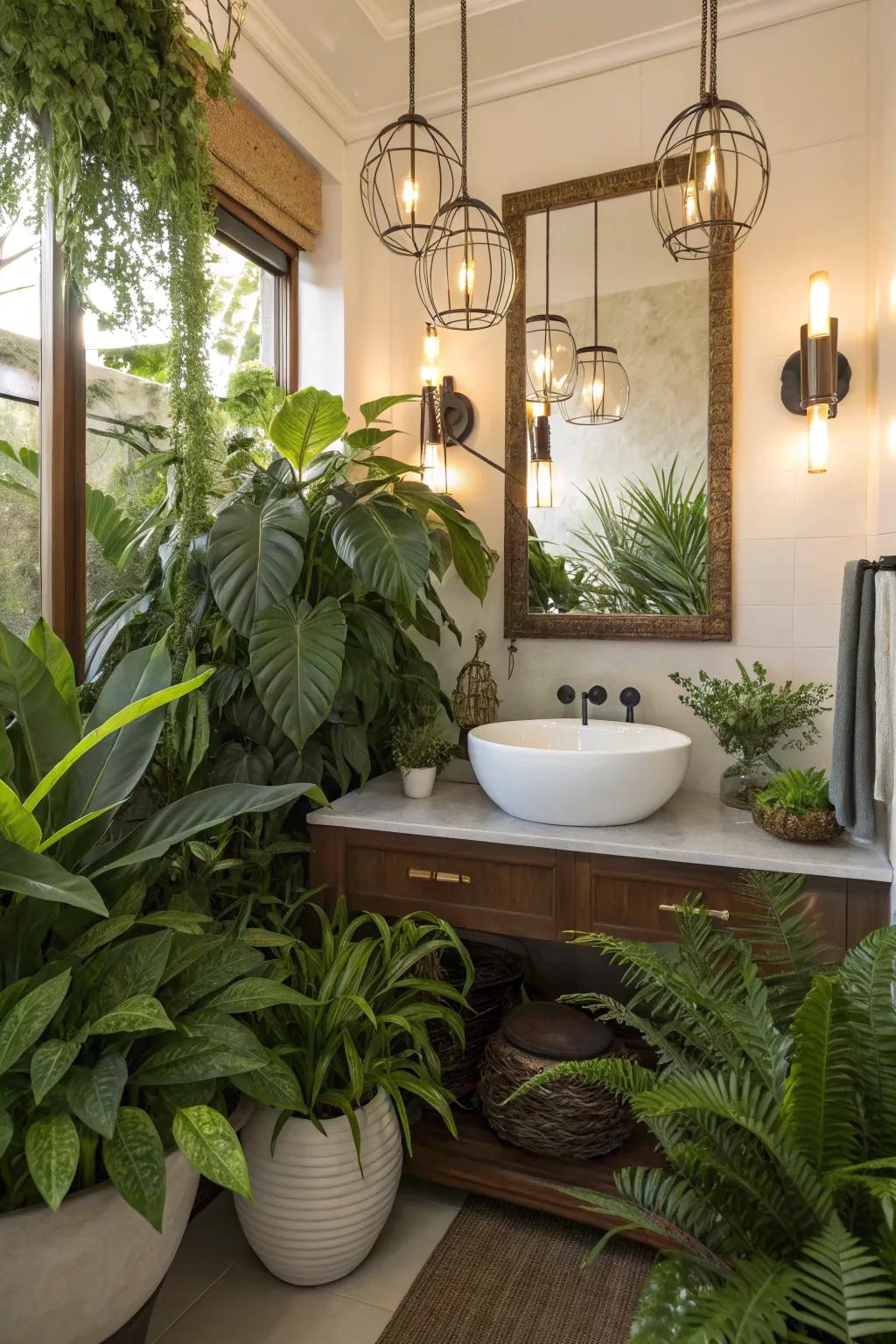 Lush greenery brings a fresh feel to this powder room.