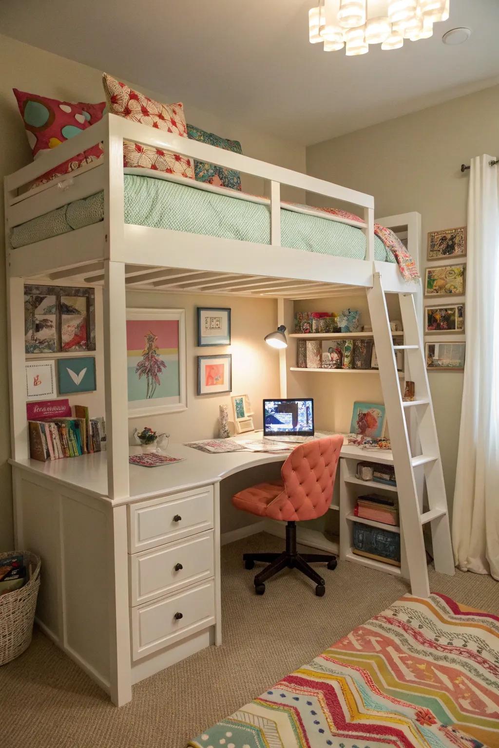 A raised bed maximizes space by creating a study area below.