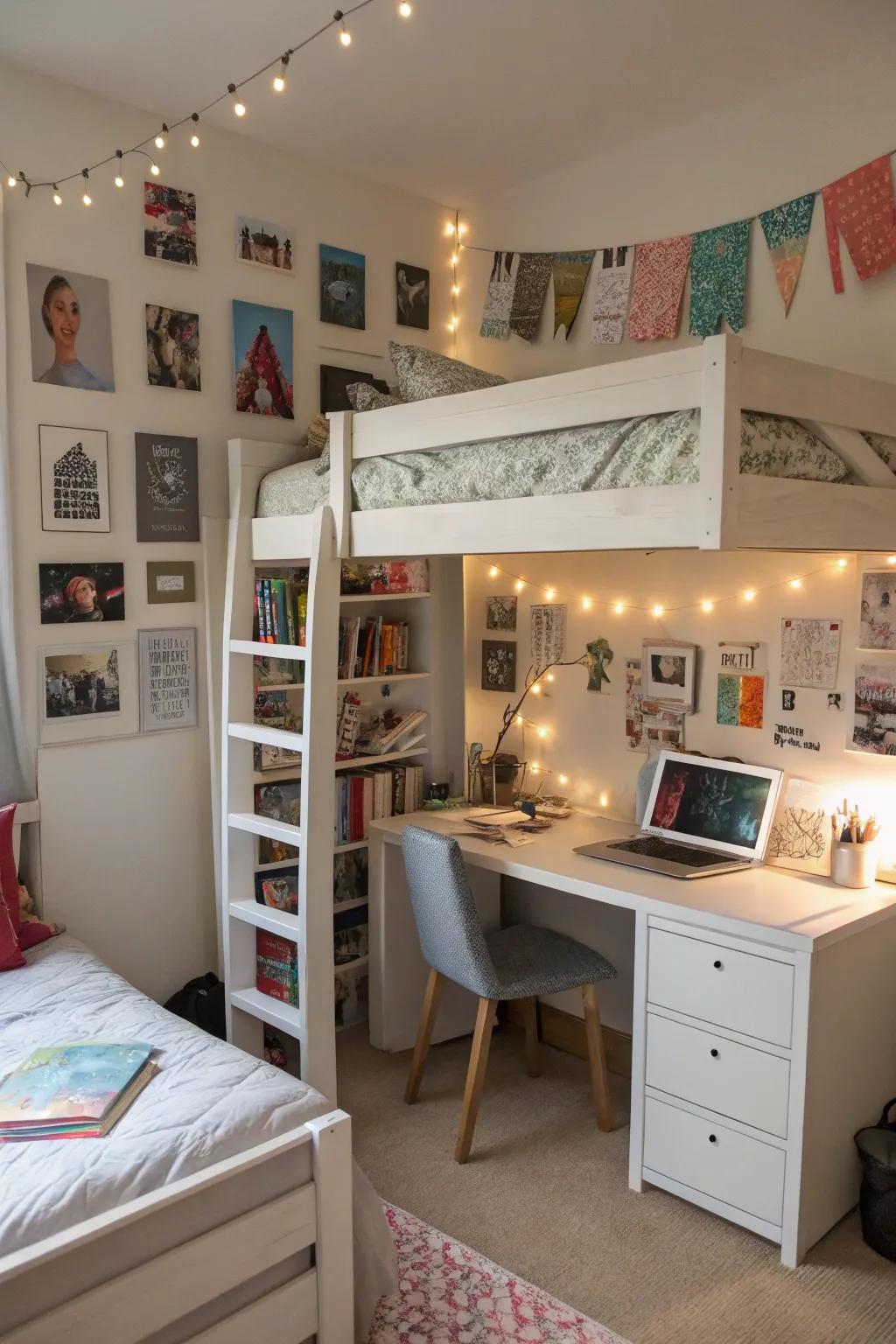 A multi-functional loft-bed installation enabling streamlined usage of available space.