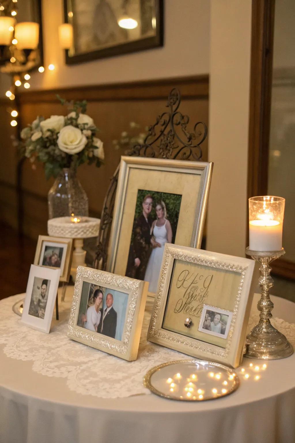 Photo centerpieces infuse the party table with personal history.