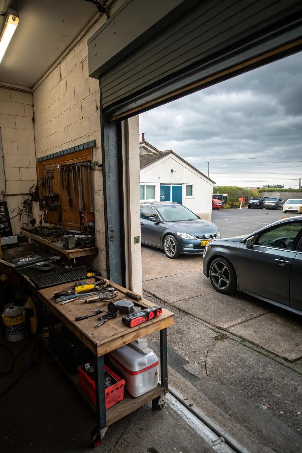 A fold-down workbench provides adjustable workspace in the garage.