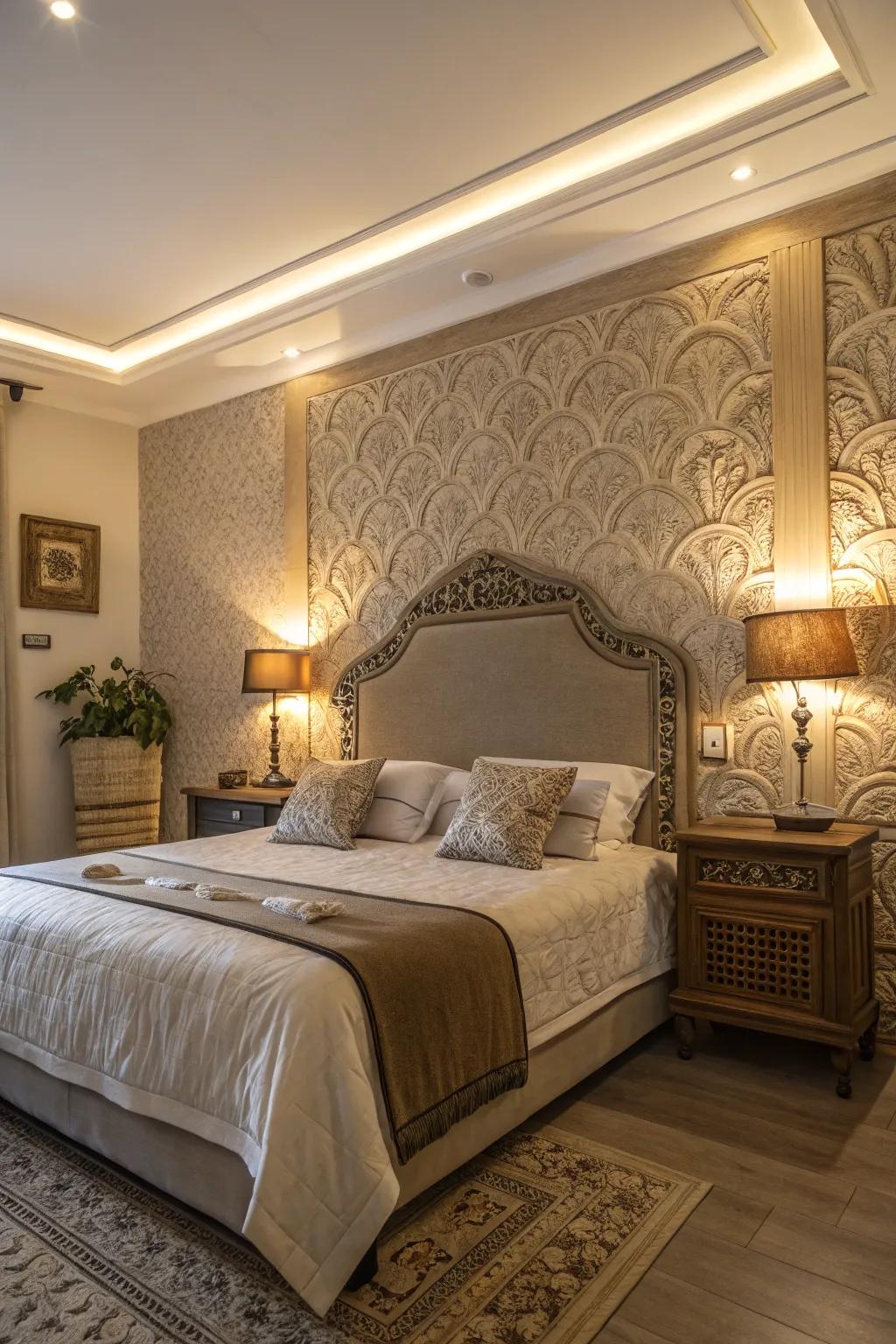 Textured walls and bed frames enhance the comfort of bedrooms.