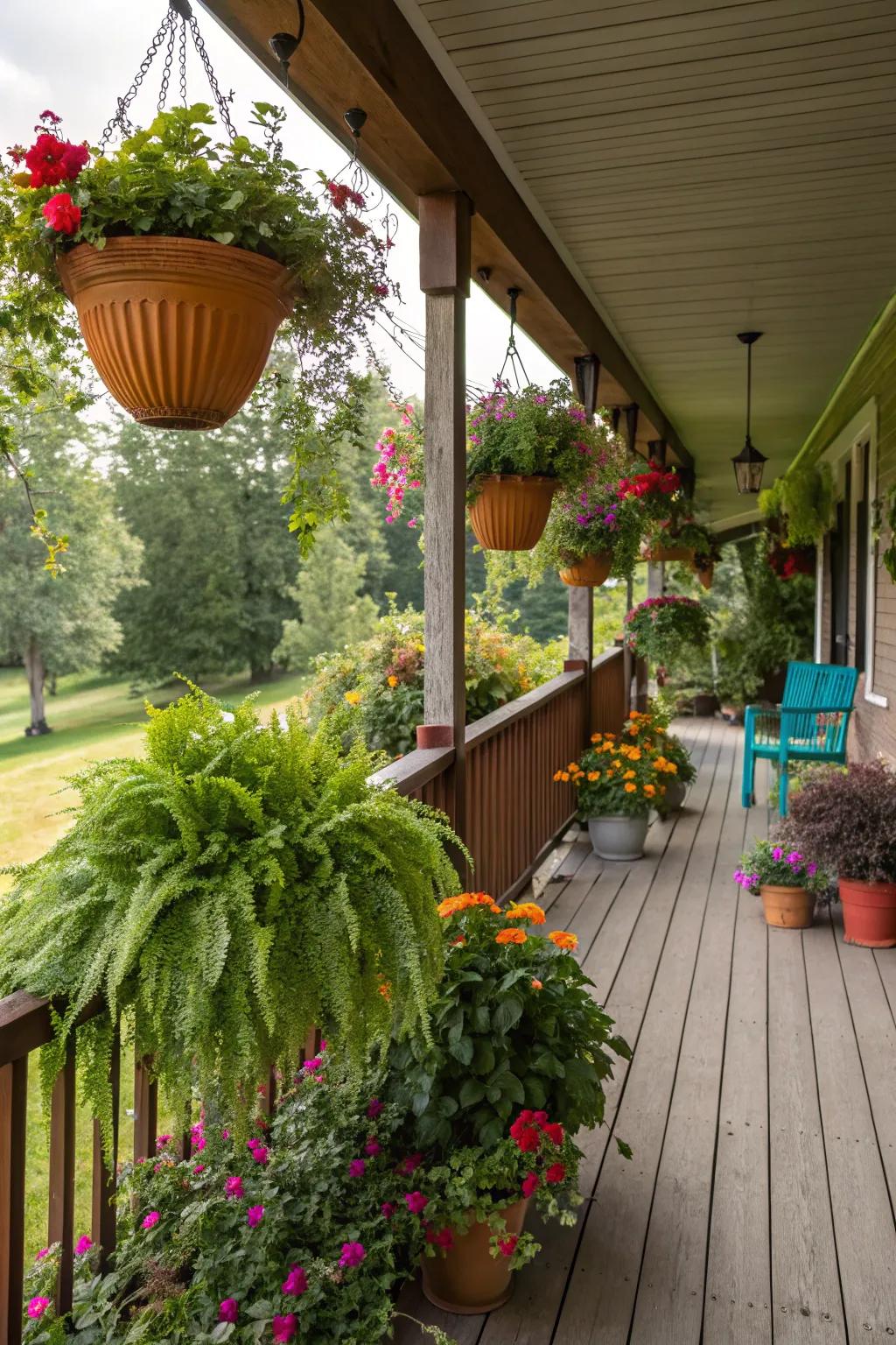 Lavish greenery enriching the porch's organic atmosphere.