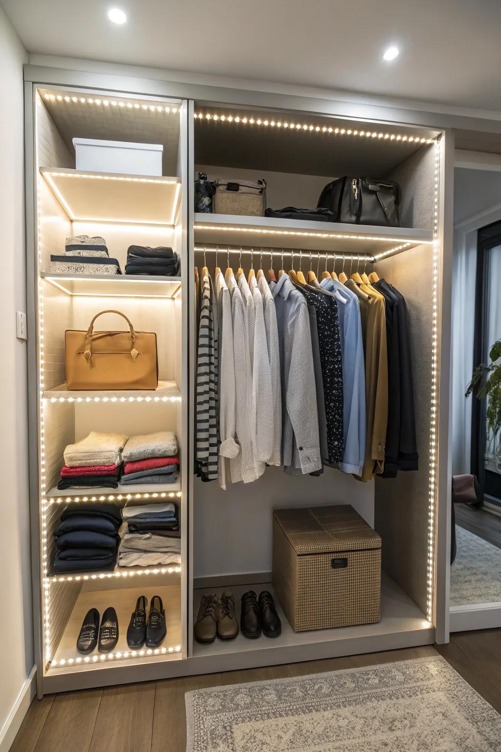 Illumination transforms a closet from dim to delightful.