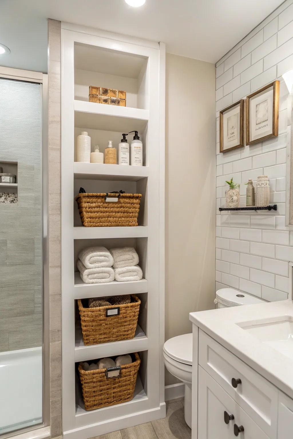 Wall alcoves offer practical storage solutions absent of cluttering the area.