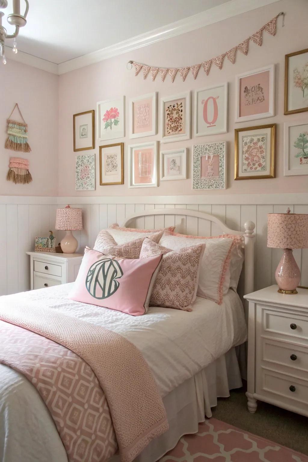 Personal touches like monogrammed initials add uniqueness to the room.