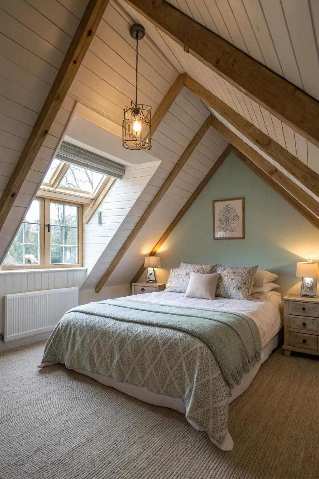 Design a snug sleeping zone beneath the A-frame roof.