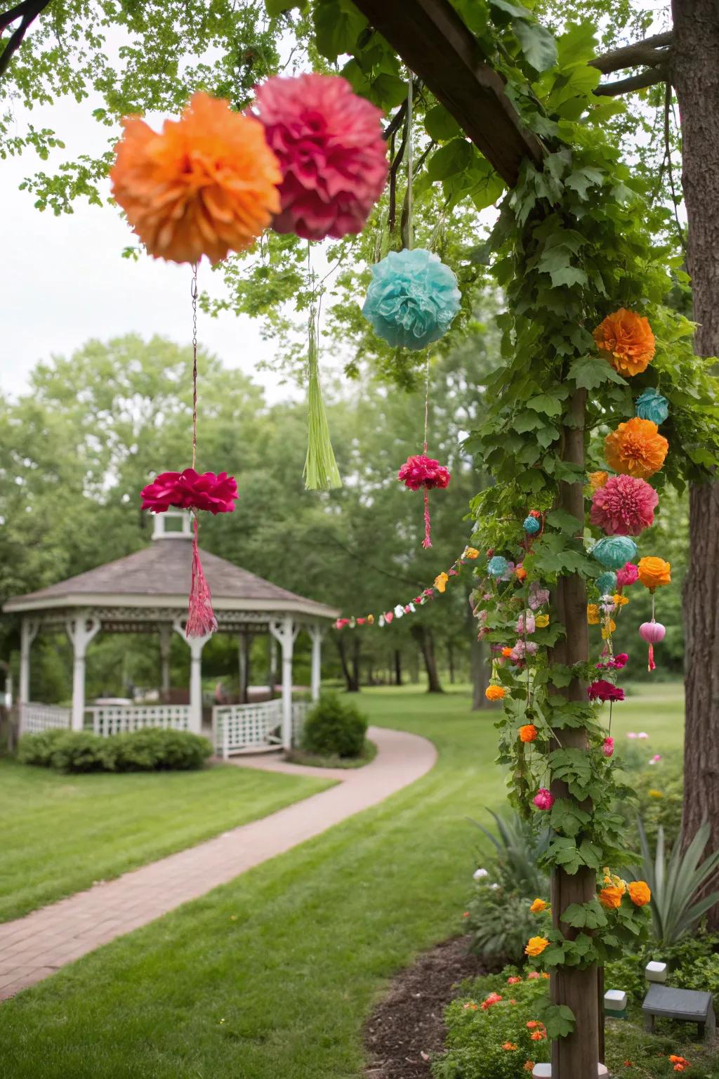 Eco-friendly paper blossoms contribute color to a garden celebration.