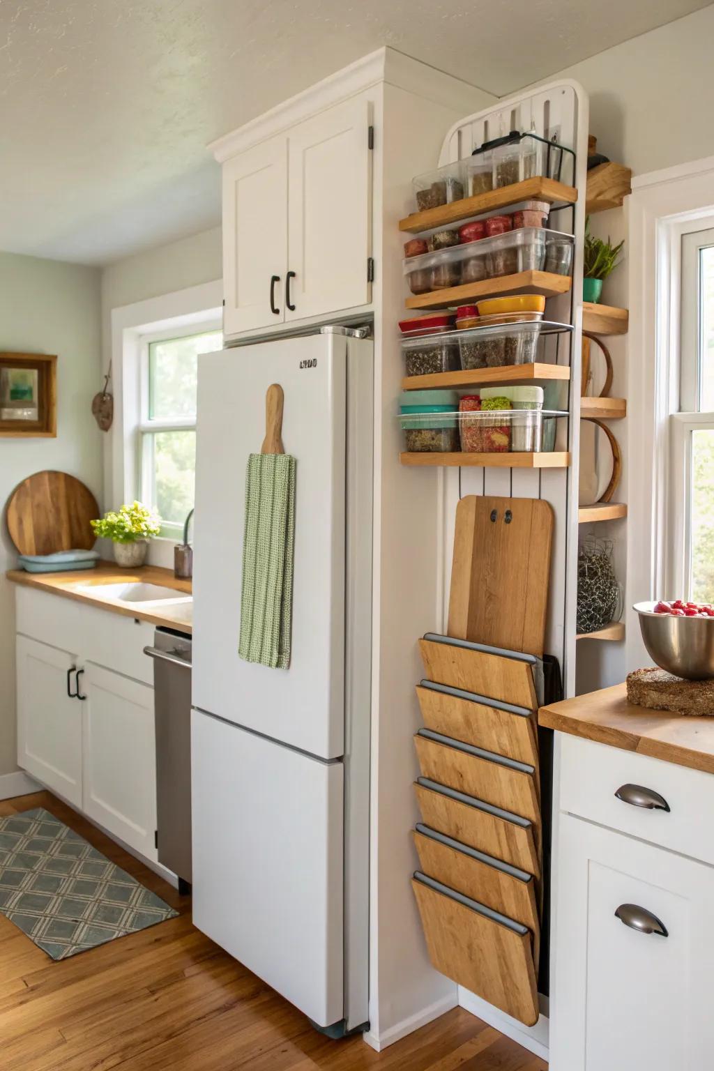 Vertical organizers maintain neatly stored trays and chopping boards.