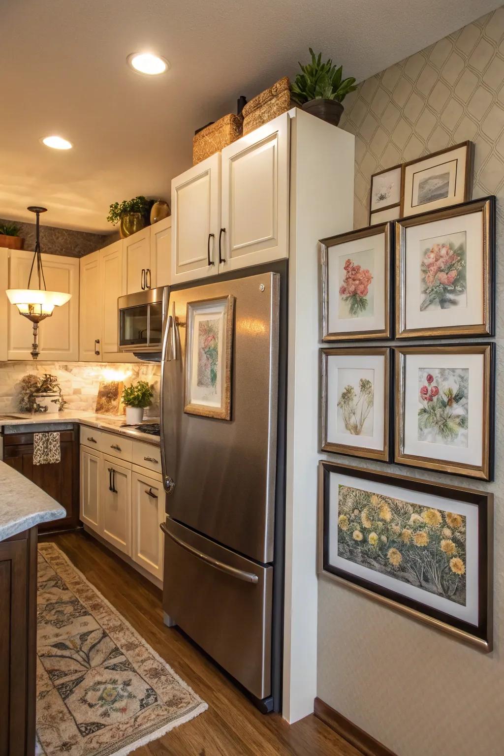 Integrate art above your fridge for a personal and fashionable detail.