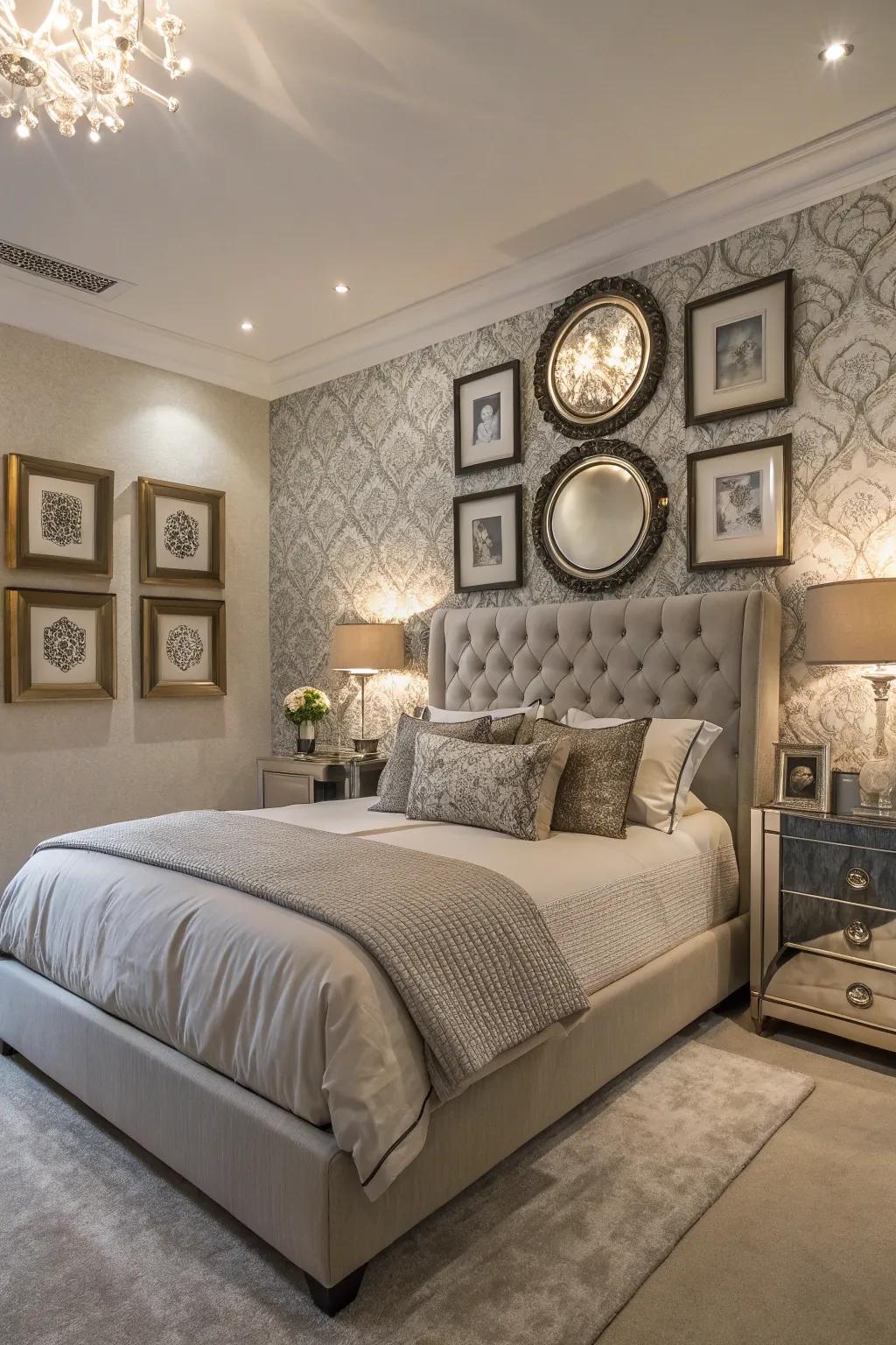 Art and mirrors enrich the feature wall, imbuing the bedroom with personality.