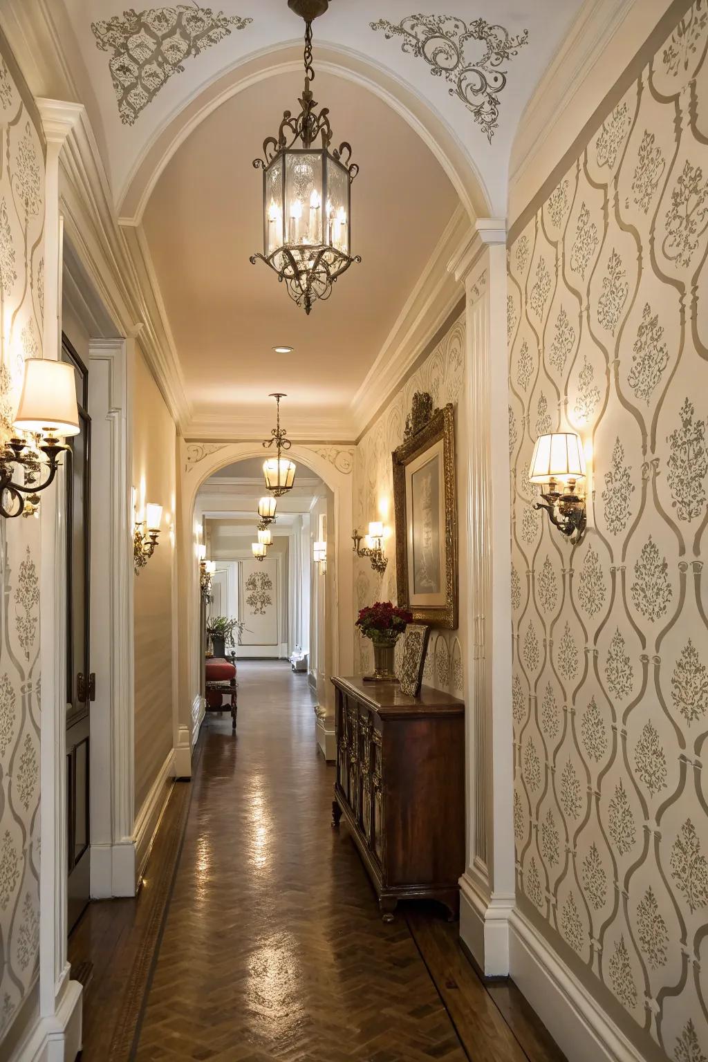An entranceway flaunting an elegant stenciled feature wall.