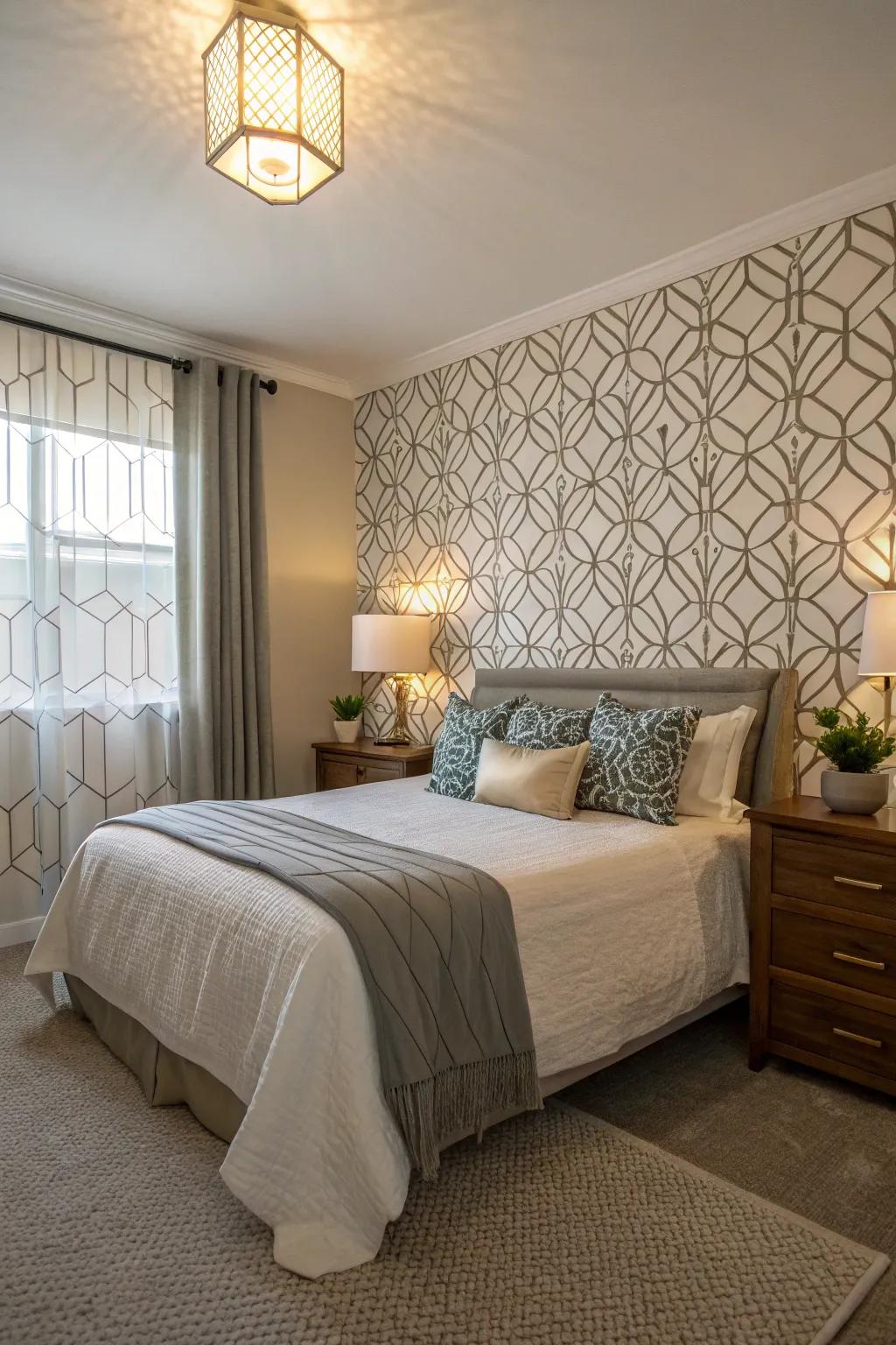 A guest room featuring a geometric patterned wallpaper accent wall.