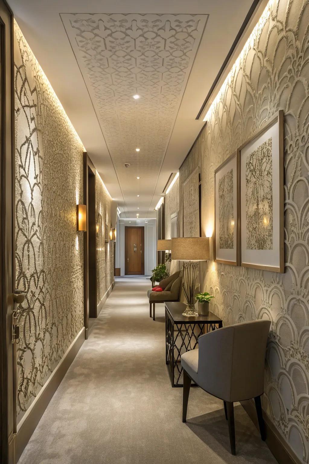 Textured wallpaper adds depth and intrigue to a contemporary hallway.