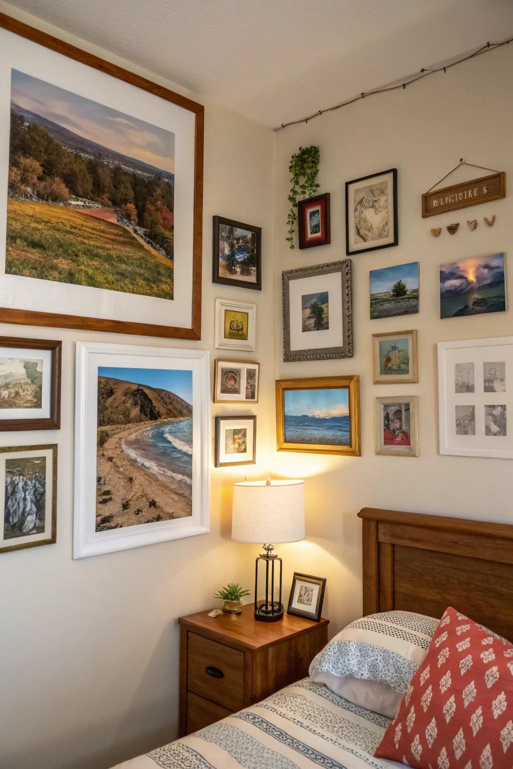 An exhibition of personal art and photos graces the feature wall.