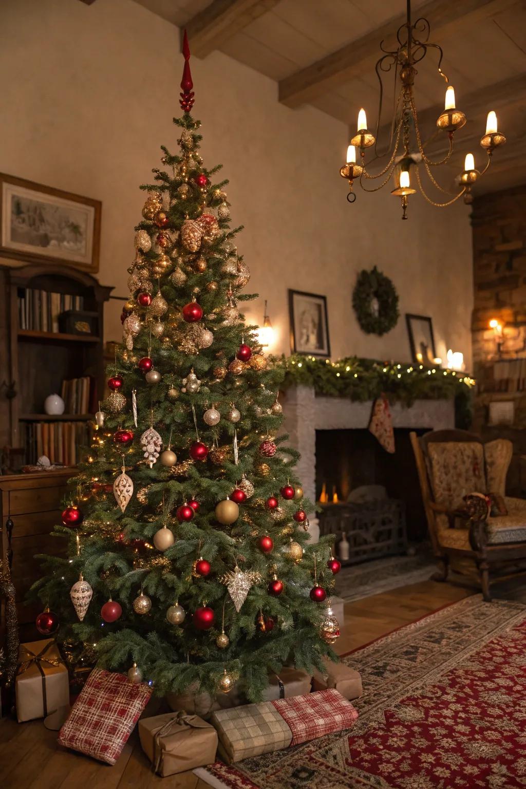 A nostalgic Christmas tree decorated with vintage ornaments from the past.