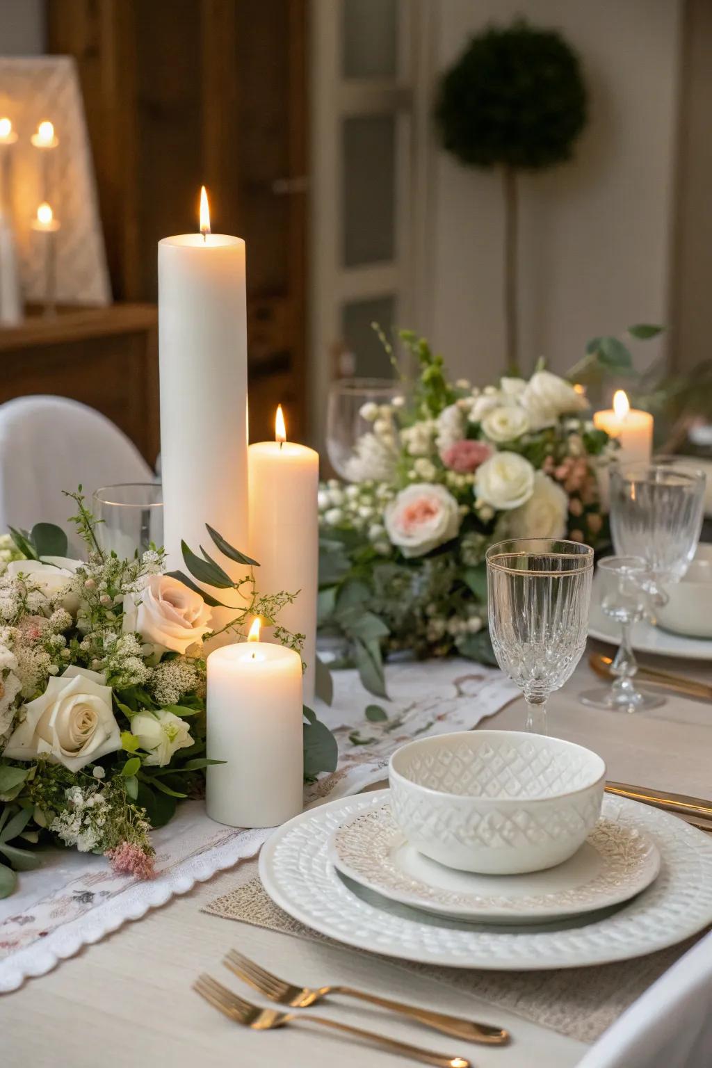 Flames add warmth and intimacy to the all-white dinner setup.