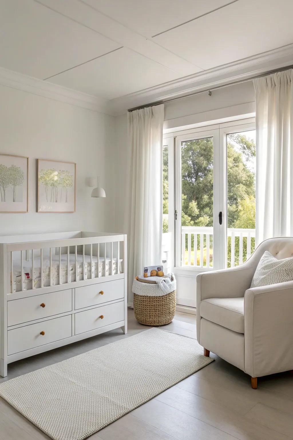 Minimalist furnishings enhance the serene ambiance of a white nursery.