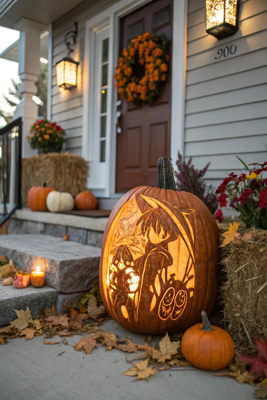 Illuminate your area with anime-patterned pumpkin lanterns.