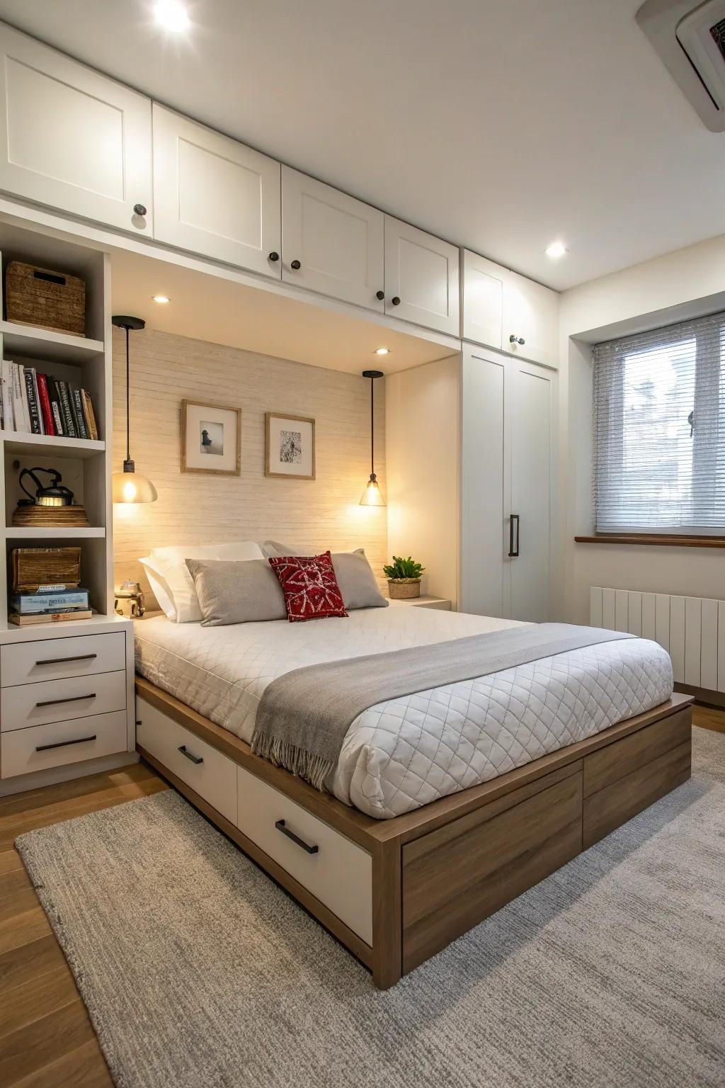 A functional apartment bedroom featuring a platform bed with integrated storage.