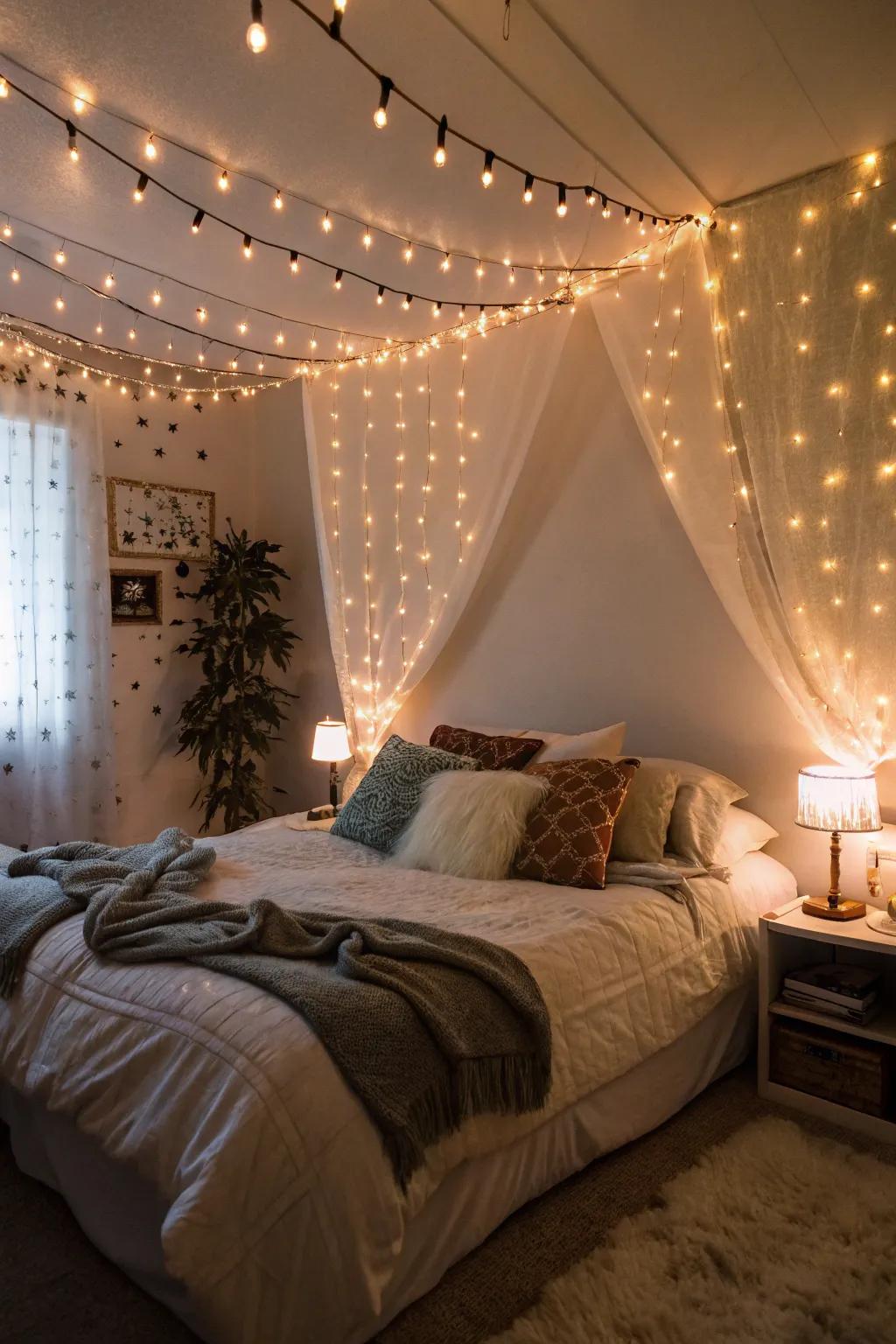 A bedroom featuring whimsical string lights creating a dreamy setting.