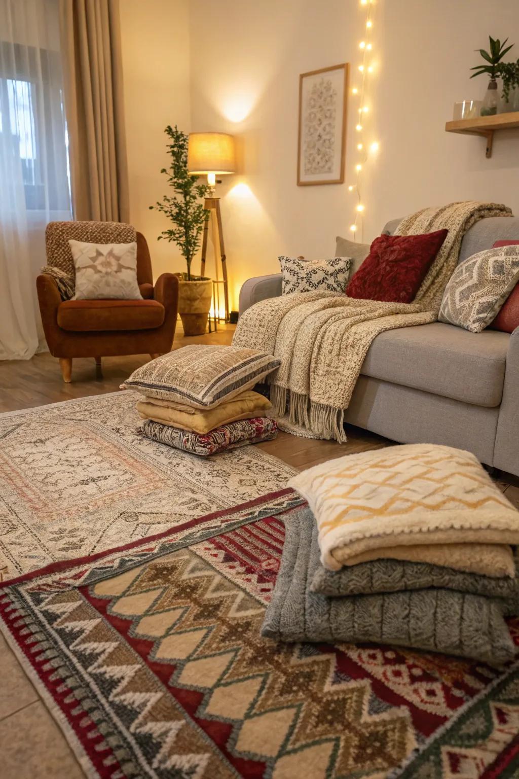 Layered materials produce a warm and inviting living room space.