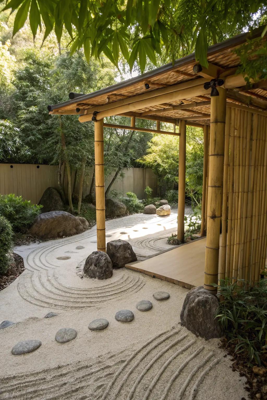 A Japanese-inspired pergola provides a serene getaway with its minimalist design.
