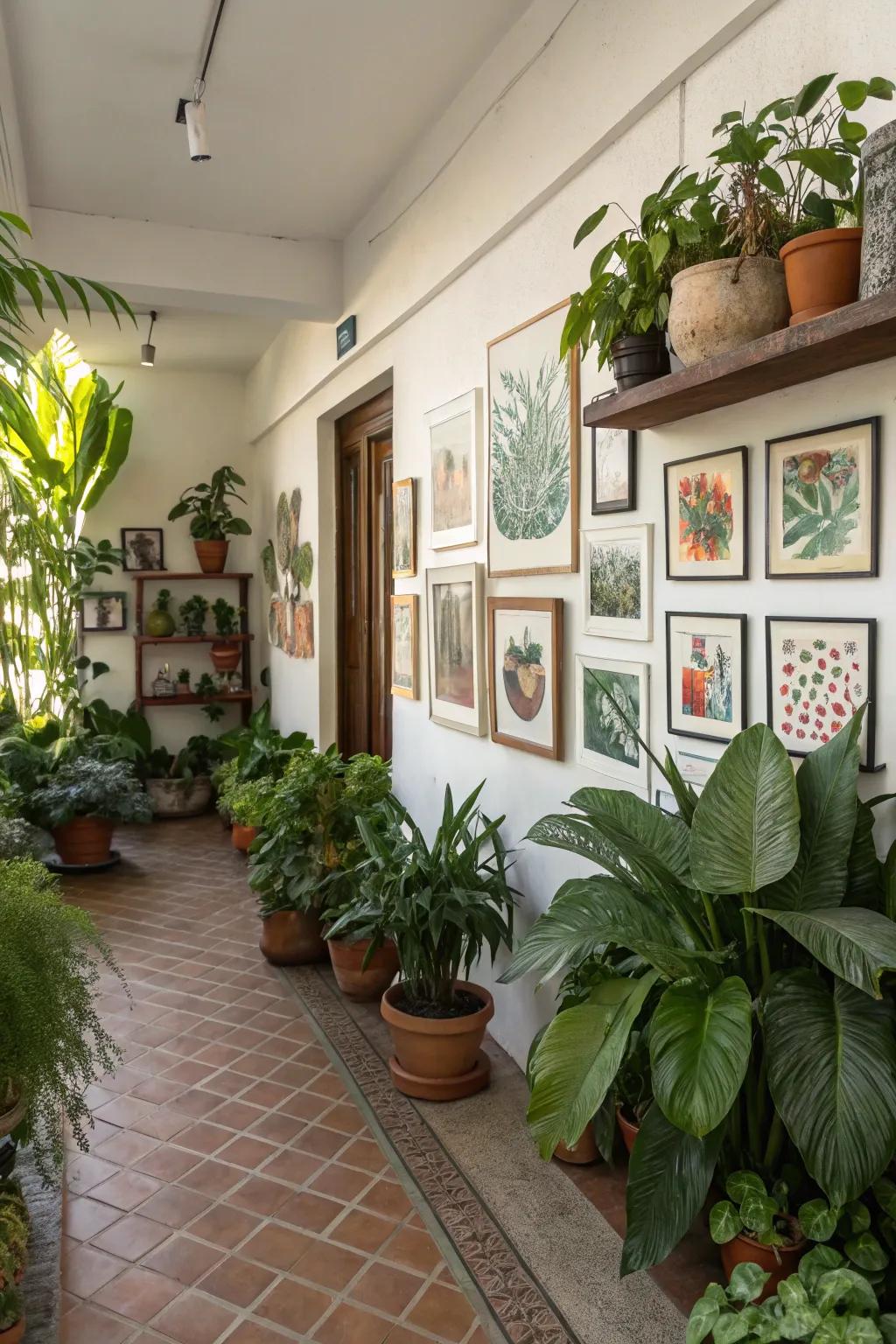 The amalgamation of vegetation and art cultivates a vibrant and natural environment.