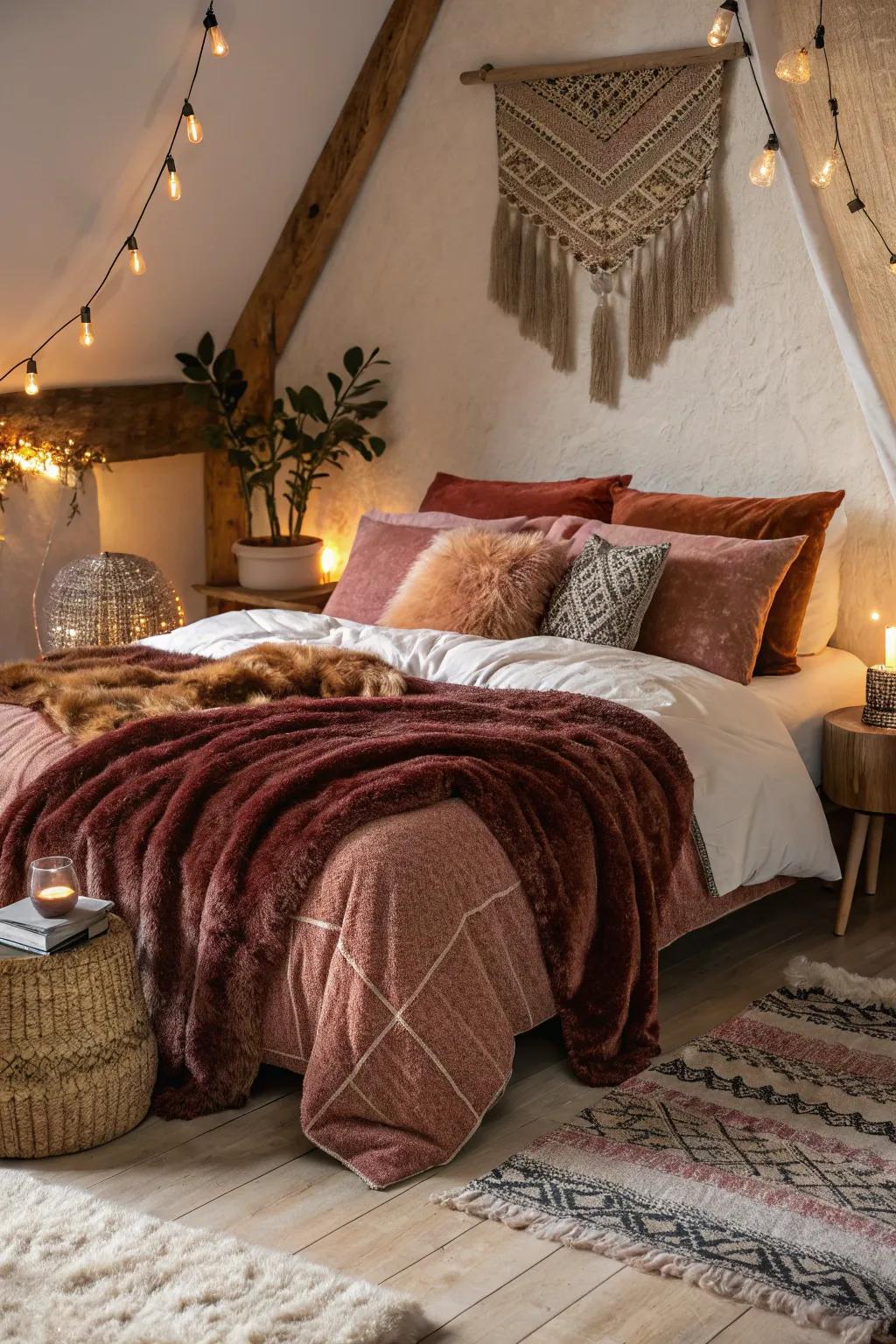Varied fabrics create a cozy and artistic atmosphere.