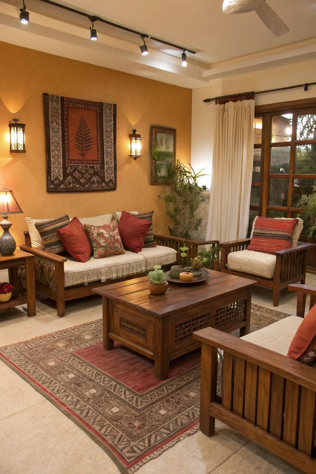 Short timber furniture encourages an inviting and comfy atmosphere.