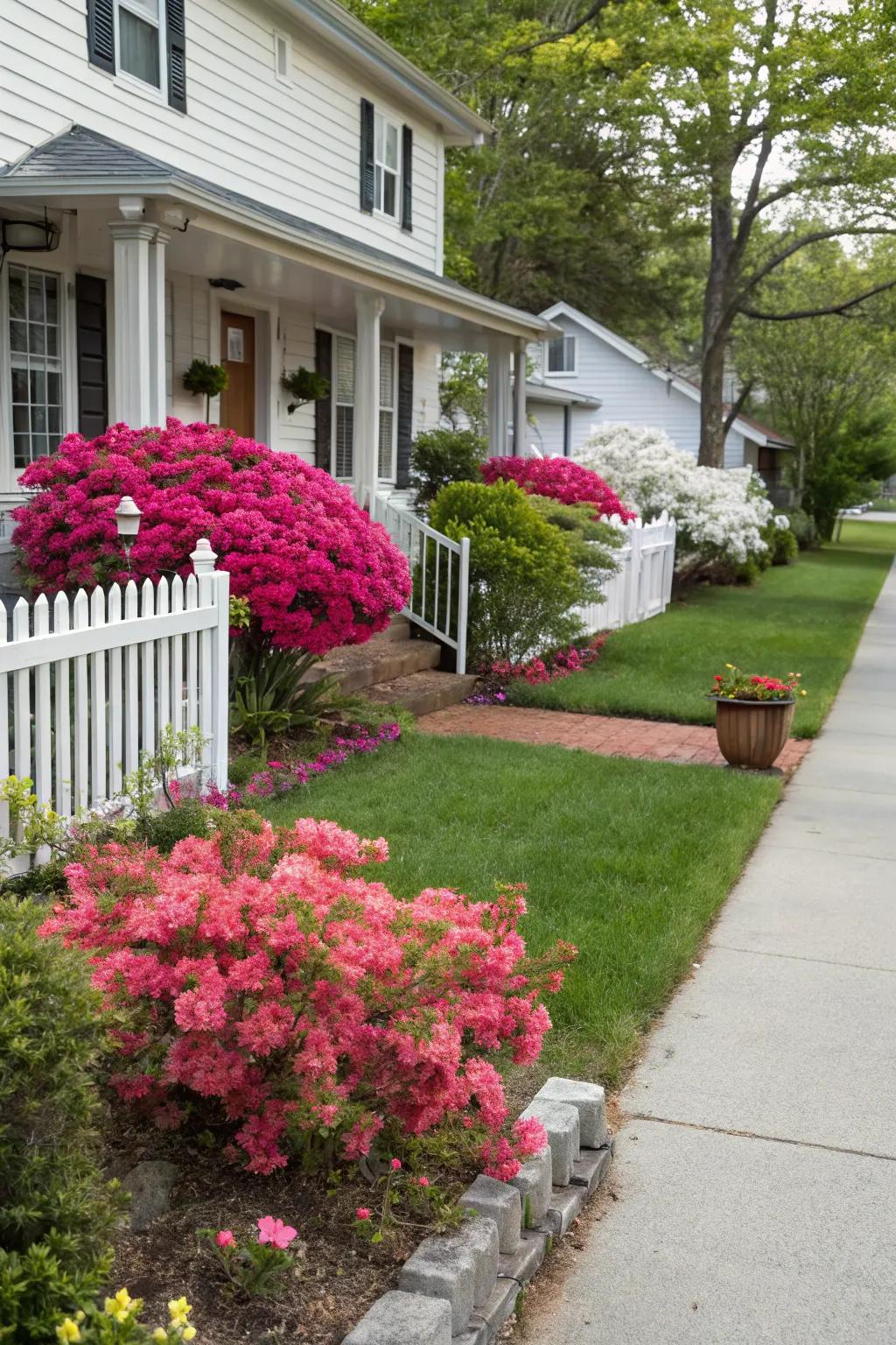 Azaleas enhancing the street-side appeal of a charming home.