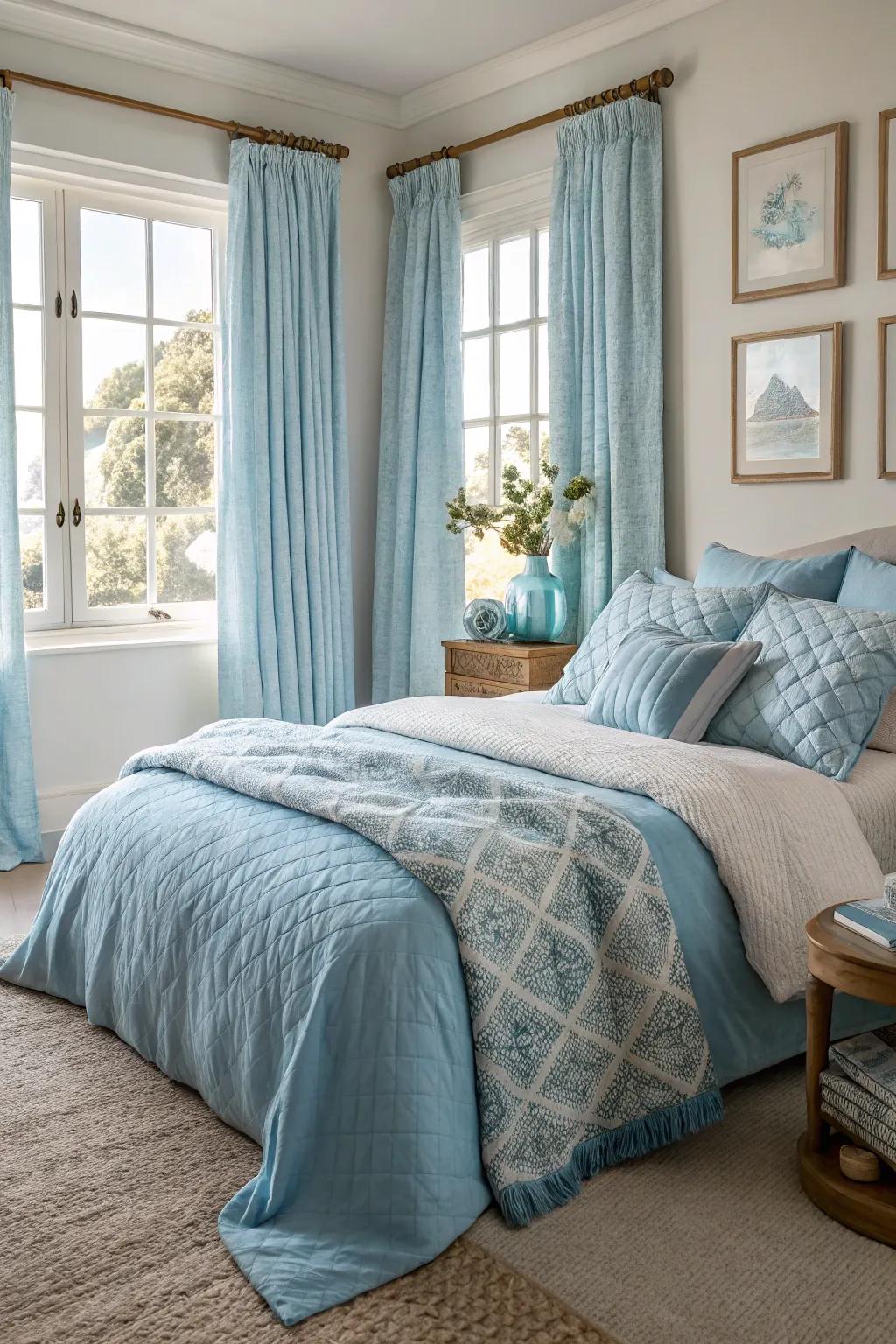 Material layers add richness and warmth to an azure-themed bedroom.