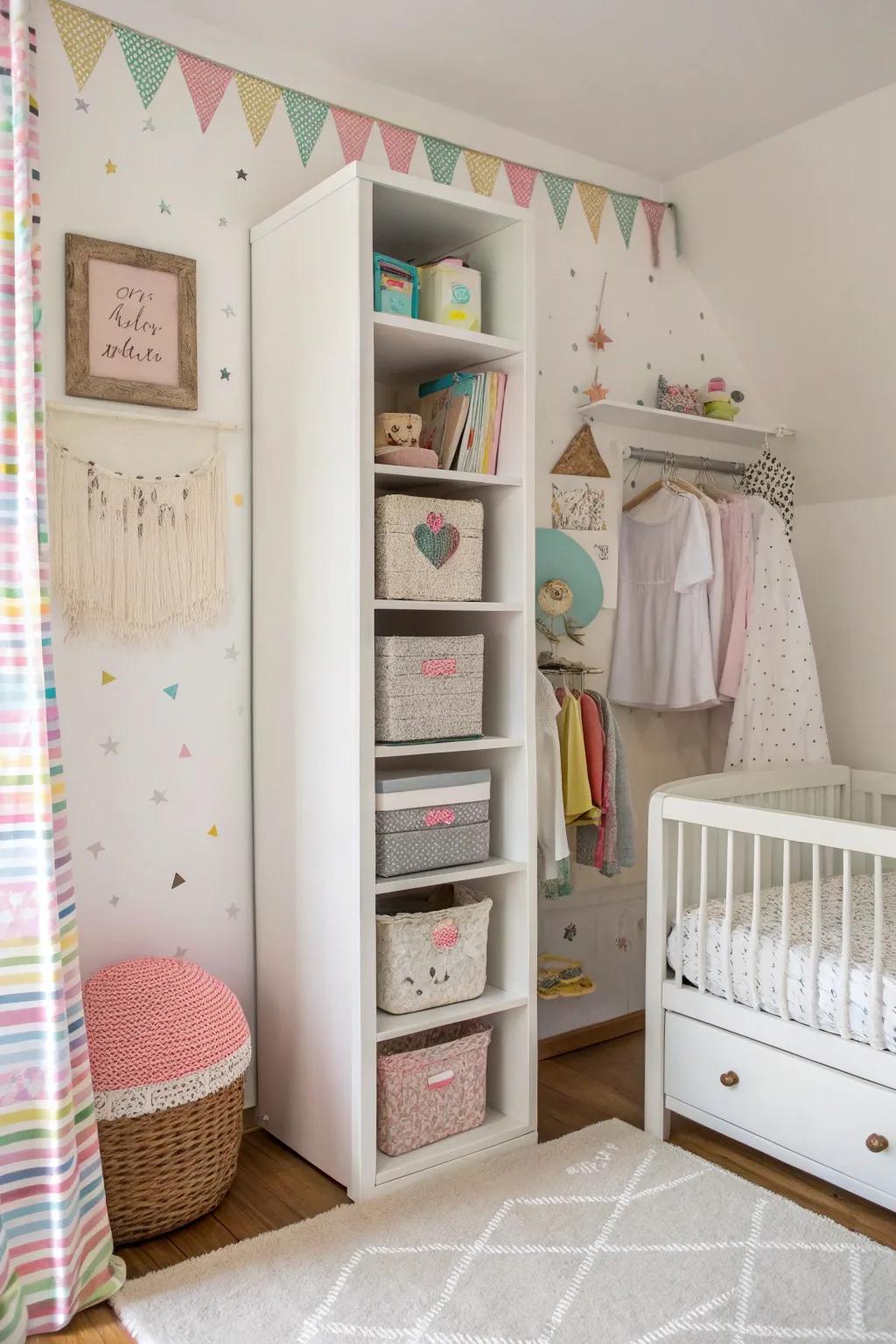 Effectively utilizing wall space can improve the functionality and appearance of a baby area.