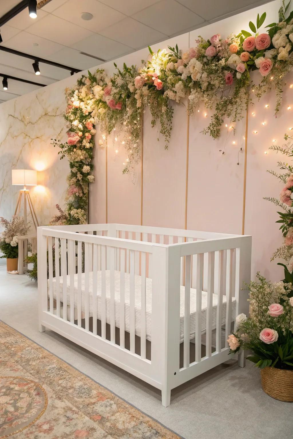 A sleek baby bed introduces a modern accent to the floral-themed nursery.