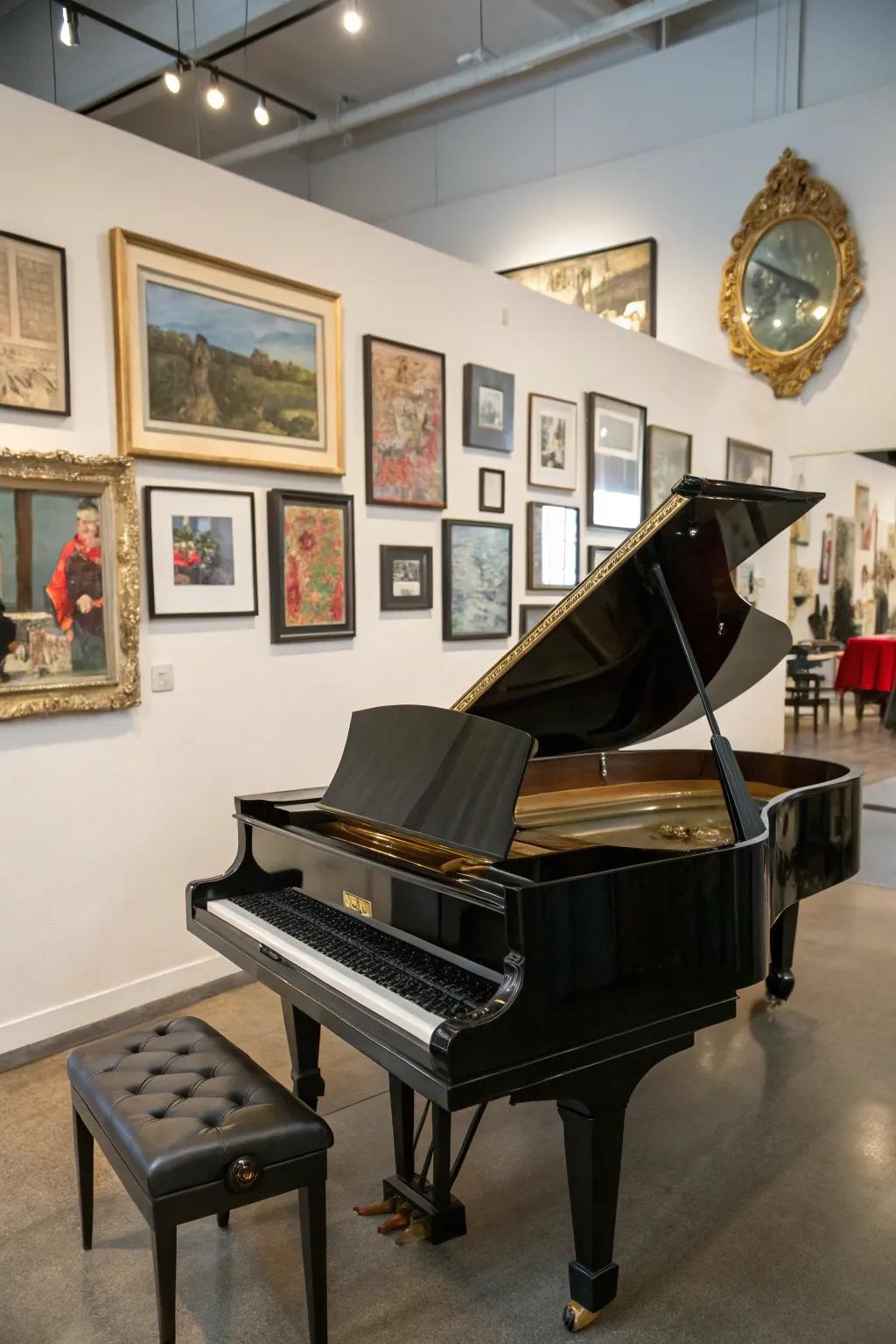 Creative components enrich the sophistication of the piano's area.