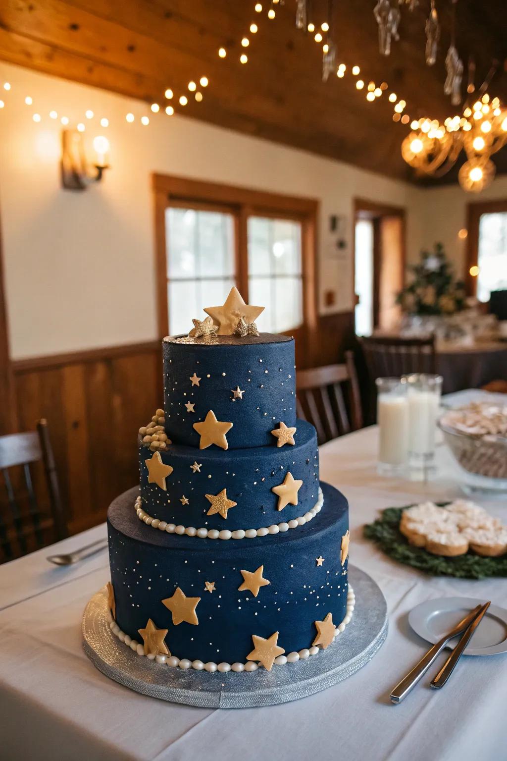 Dreamy starlit night-themed cake with fondant celebrities.